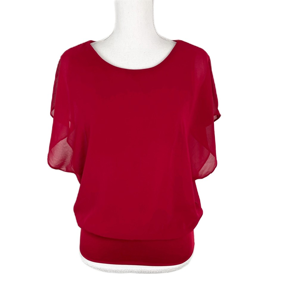 Qiao Qiao Blouse Women Small Red Solid Overlap Mesh Short Sleeve Casual Top